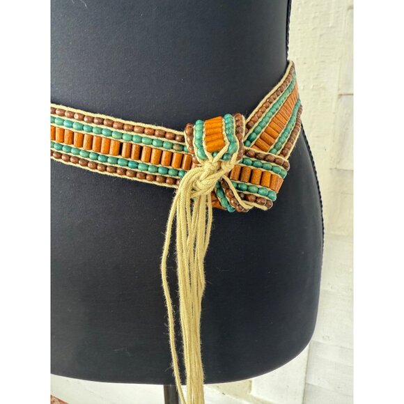 Vintage 70\'s Boho Woven Wood Bead Tie Womens Belt